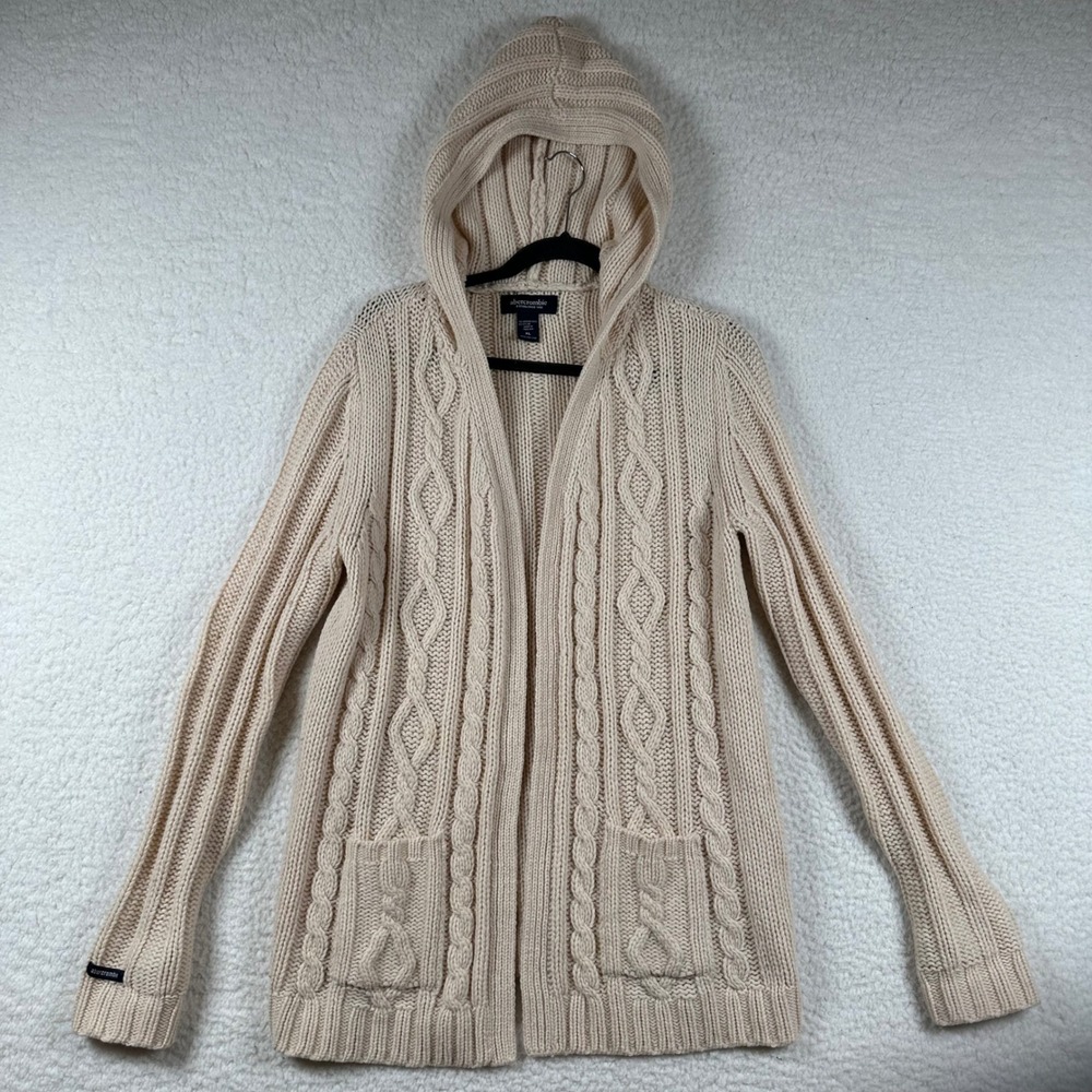 Abercrombie Cardigan Hooded Cable Knit Merino Wool XL Cream Coastal Grandma Cozy